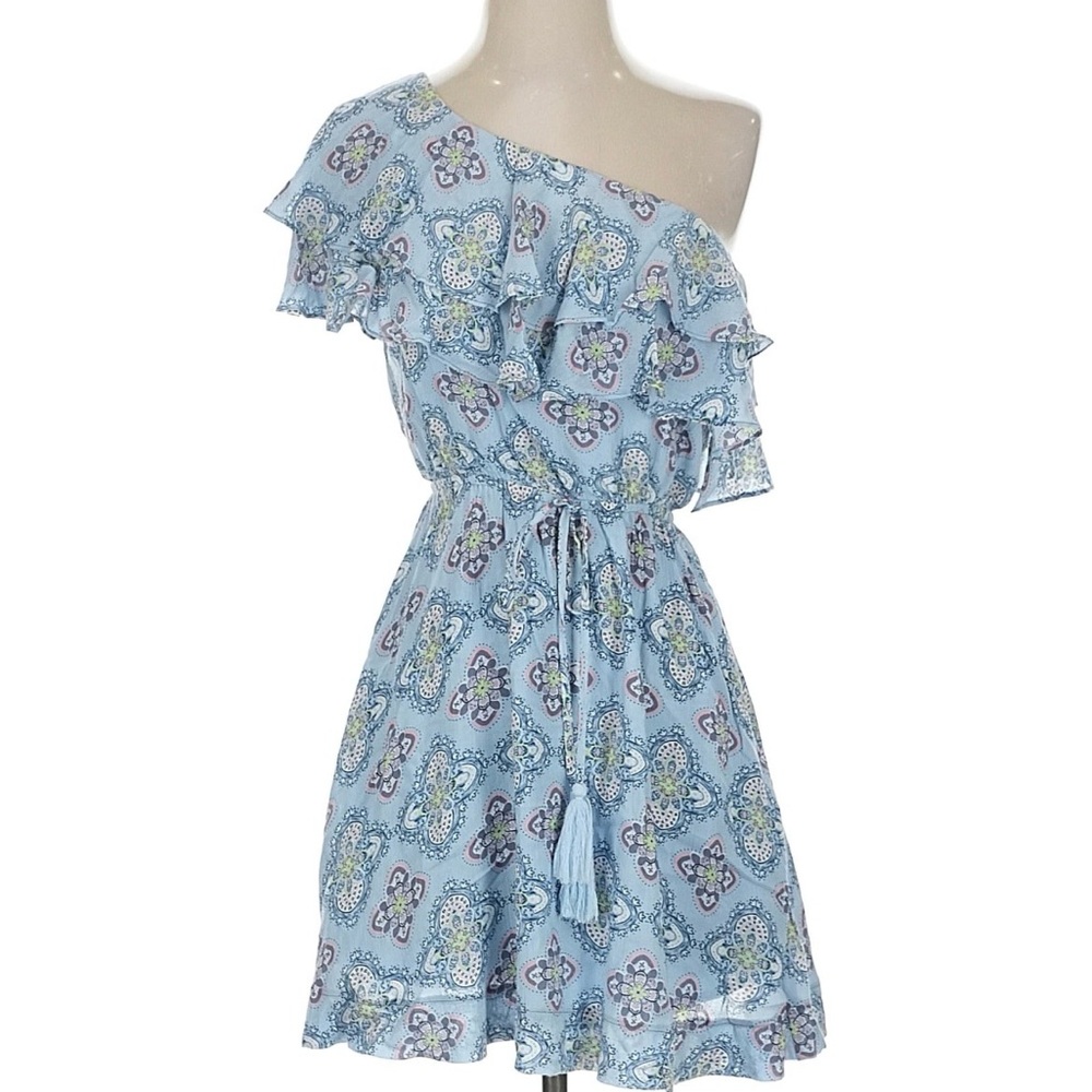 Moon River One-Shoulder Light Blue Printed Ruffle Dress